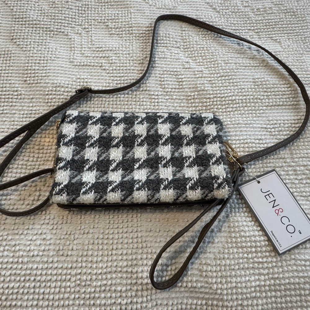 Gray and White Vegan Leather Houndstooth Crossbody Bag NWT